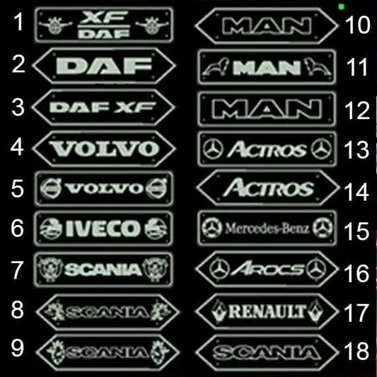 Custom Mirror For All Trucks & Vans 70x18cm featuring 18 stencil templates of heavy-truck maker logos and models, designed for stylish customization with LED RGB lighting.