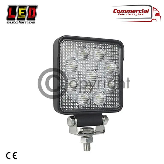 High Powered Square LED Worklamp With Osram LEDs -10015bm featuring nine LEDs in a 3x3 grid, black aluminum housing, and bolt-and-bracket mount for commercial vehicles.