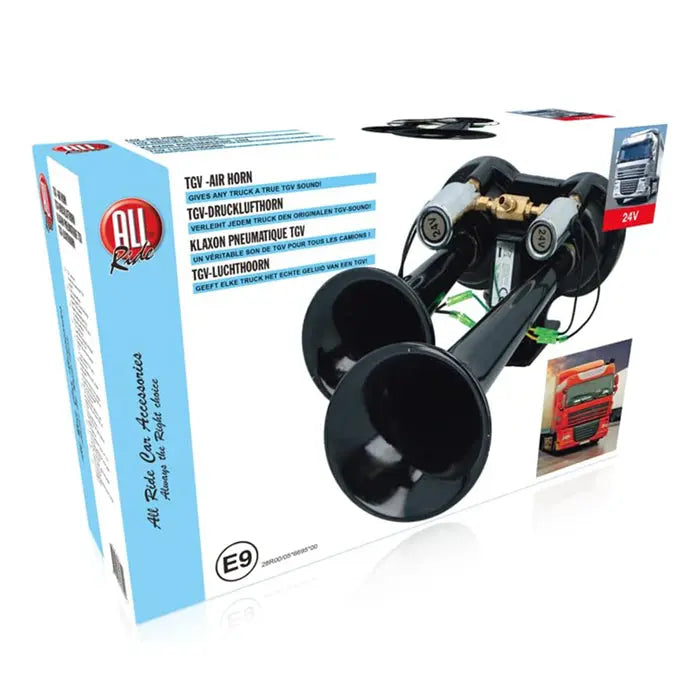 All Ride Air Horn With Dual Tone TGV Sound 130 Db kit featuring two black trumpet horns, compressor, wiring, mounting hardware, and packaging highlighting Ali Ride Car Accessories branding.