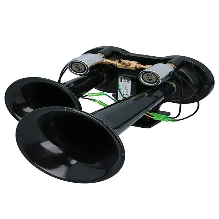 All Ride Air Horn With Dual Tone TGV Sound 130 Db features twin black trumpets, 24V solenoid valves, mounting bracket, and wiring components for loud alerts.
