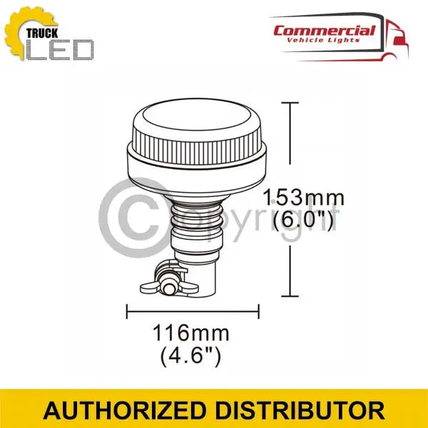Diagram of 12 LED Flashing Beacon/Warning Amber Lamp 12/24v Flex Mount, showing cylindrical design, mounting bracket, dimensions 153x116mm, top quality, CE approved for commercial vehicles.