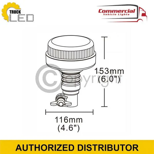 Diagram of 12 LED Flashing Beacon/Warning Amber Lamp 12/24v Flex Mount, showing cylindrical design, mounting bracket, dimensions 153x116mm, top quality, CE approved for commercial vehicles.