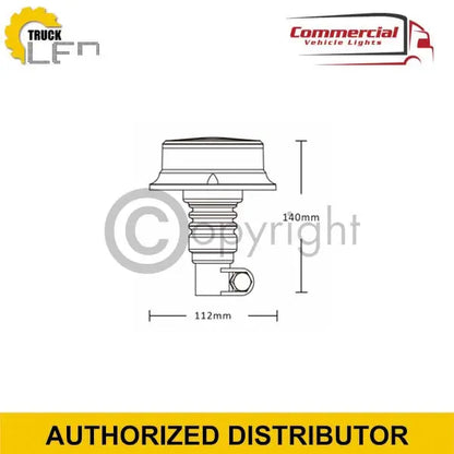 Line drawing of 18 LED Flashing Beacon/Warning PICO Lamp 12/24v Flex Mount, showing dimensions (112x140mm) and mounting detail for commercial vehicle use.
