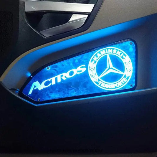 Mercedes Actros LED Custom Interior Door Panels featuring a blue backlit display with Actros and Mercedes logo, designed for 24V vehicles with shockproof acrylic material.
