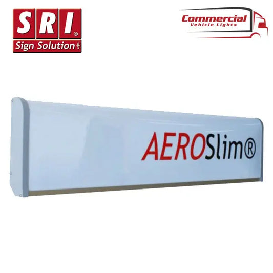 SRI AeroSlimLED® Headboard, a slim, aerodynamic, illuminated truck sign with AERO Slim® branding, ideal for commercial vehicles, featuring durable, weather-resistant construction.