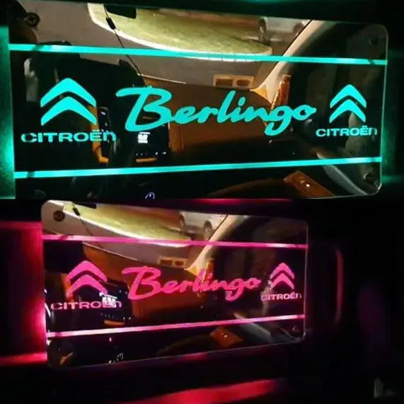 Citroën Berlingo Interior LED Mirror 400x300 mm, featuring illuminated double chevron logos, reflecting car interior. Comes with RGB remote, fits 12/24V vehicles.