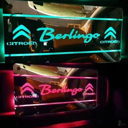 Citroën Berlingo Interior LED Mirror 400x300 mm, featuring illuminated double chevron logos, reflecting car interior. Comes with RGB remote, fits 12/24V vehicles.