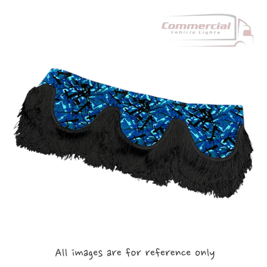 Universal Truck Front Window Pelmet with blue geometric pattern, scalloped edge, and black tassels, includes double-sided Velcro for easy installation.