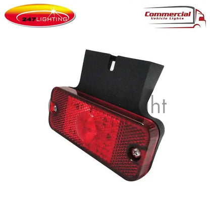 LED Side Marker Lamp With Brackett 247-CA7090, featuring a red lens, rectangular design, mounting bracket, and two screw holes, with 247 Lighting and Commercial Vehicle Lights logos.