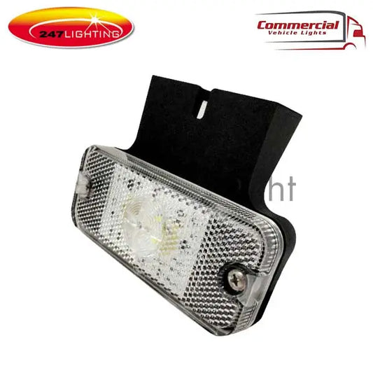 LED Side Marker Lamp With Bracket 247-CA7090, clear rectangular light assembly, black mounting bracket, suitable for trucks and trailers, features 5 LEDs, IP67 rated.