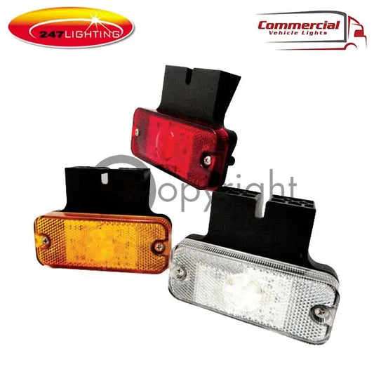 LED Side Marker Lamp With Brackett 247-CA7090, featuring red, amber, and clear lenses in a black bracket, suitable for trucks and trailers.