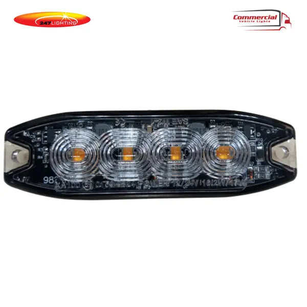 Oval-shaped 4 LED Strobe Warning Light, Slimline 247-CA7183A/R, with black housing and clear lens, featuring amber LEDs and mounting holes, branded by 247 Lighting.