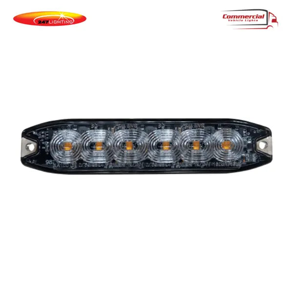 Slim rectangular 6 LED Strobe Warning Light, model 247-CA7184A, in black housing with clear lenses, designed for commercial vehicles.
