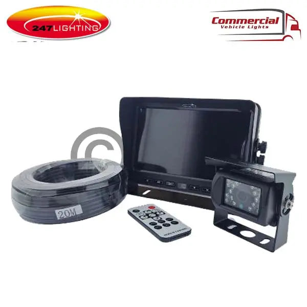 7 2 Channel Reversing Camera Kit | Audio 247-CA9770 includes a monitor, weather-proof camera, 20m cable reel, and IR remote, branded with 247 Lighting logos.