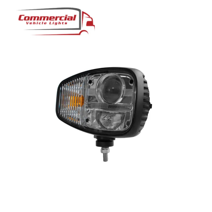 Combo LED Head Light (Left) | RHD: Rectangular headlamp with integrated amber turn signal, clear lenses, projector beam, and mounting stud, ideal for commercial vehicles.