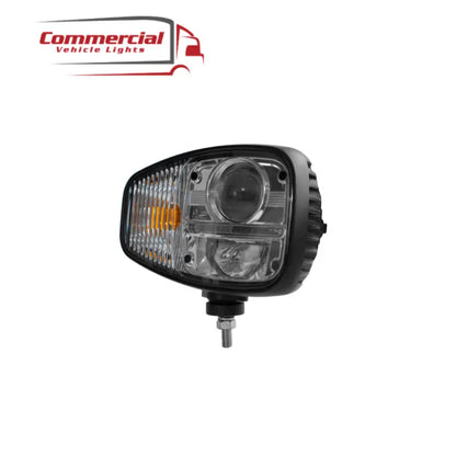 Combo LED Head Light (Left) | RHD: Rectangular headlamp with integrated amber turn signal, clear lenses, projector beam, and mounting stud, ideal for commercial vehicles.