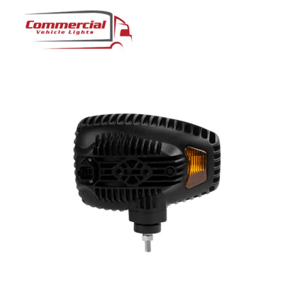 Combo LED Head Light (Left) | RHD: Black, finned LED work lamp with amber indicator, die-cast aluminum, polycarbonate lens. Ideal for trucks/trailers, robust and versatile.
