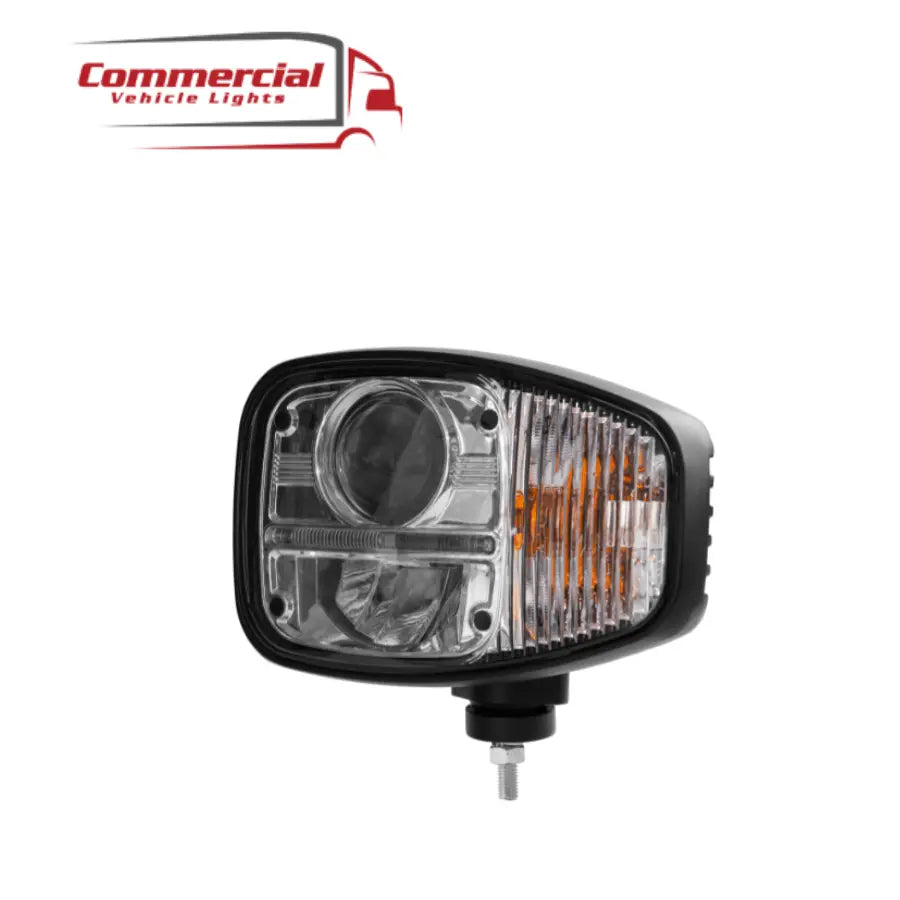 Combo LED Head Light (Right) | RHD with projector beam, integrated amber turn/marker section, lower work light, mounted on adjustable stud, “Commercial Vehicle Lights” logo visible.
