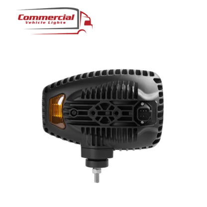 Combo LED Head Light (Right) | RHD rear view: die-cast aluminum housing, cooling fins, amber reflector, multi-pin connector, mounting stud, marked with Commercial Vehicle Lights logo.