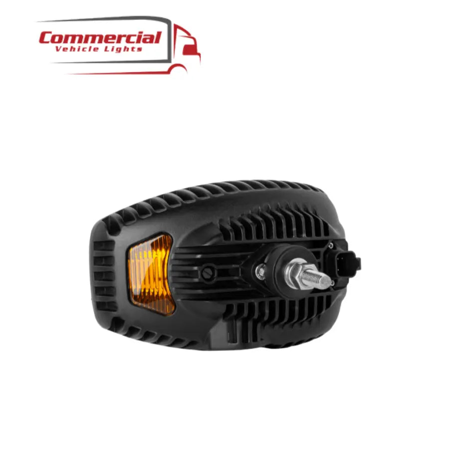 Combo LED Head Light (Right) | RHD: Black finned-aluminum housing, amber lens, threaded stud mount, multi-pin connector for trucks. Designed for right-hand drive vehicles.