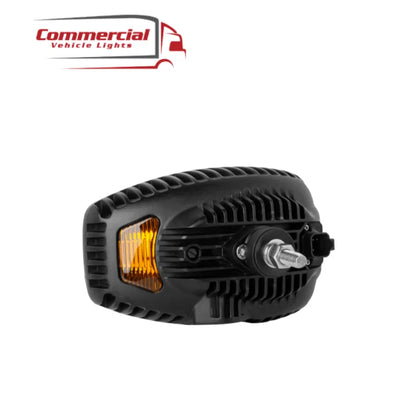 Combo LED Head Light (Right) | RHD: Black finned-aluminum housing, amber lens, threaded stud mount, multi-pin connector for trucks. Designed for right-hand drive vehicles.