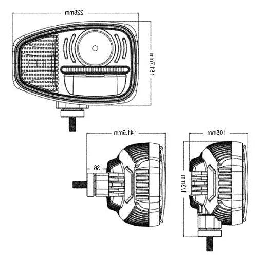 Combo LED Head Light (Right) | RHD: Rectangular lamp assembly with circular projector, reflector/lens section, housing module, mounting stub; dimensions: 228x171 mm front, 141.5x107 mm side.