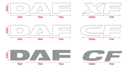 DAF Euro 5 LED Name Badge template showing decal patterns for truck badges with dimensions and outlines for precise cutting or printing.
