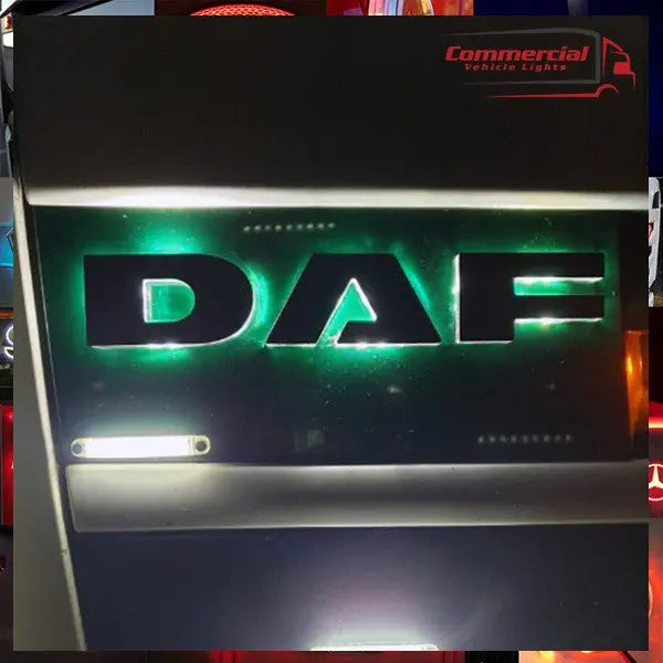 DAF Euro 5 LED Name Badge, back-lit green, displayed as a commercial vehicle lighting kit, showcasing its strong, bright light for 24V vehicles.