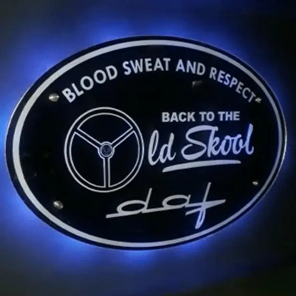 Oval back-lit DAF Old School Truck Mirror/Light Board with Blood Sweat and Respect, steering-wheel icon, blue LED halo effect. Suitable for 12/24V vehicles.