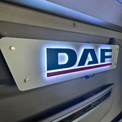 DAF 3D Truck Light Board with backlit LED letters mounted on a vehicle interior panel, offering stylish cabin illumination.