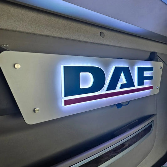 DAF 3D Truck Light Board with backlit LED letters mounted on a vehicle interior panel, offering stylish cabin illumination.