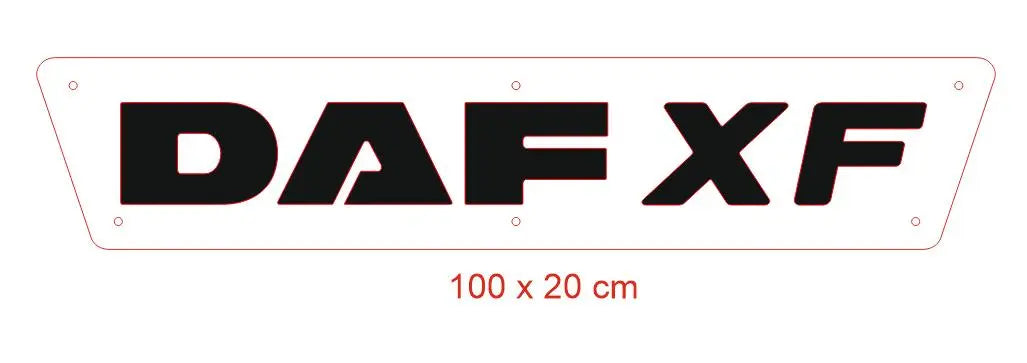 DAF XG/XF 3D Truck Light Board with black block letters on a red-outlined plate, 100x20 cm, featuring LED RGB colors, wood and plexiglass construction.