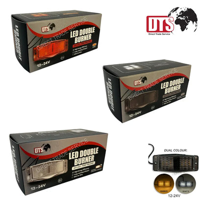 DTS LED Double Burner lighting kits in black-and-gray boxes; features dual-colour amber/white LED lamp head for 12–24V applications, ideal for trucks.