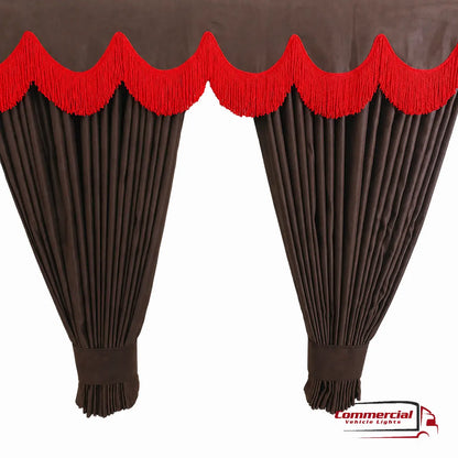 Dark Brown Truck Curtains With RED Tassels Set Premium Quality Double Lined Universal