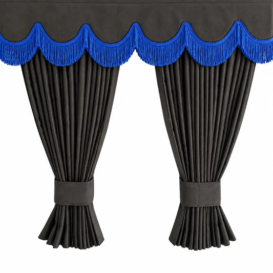 Dark Grey Truck Curtains With Blue Tassels Set Premium Quality Double Lined Universal