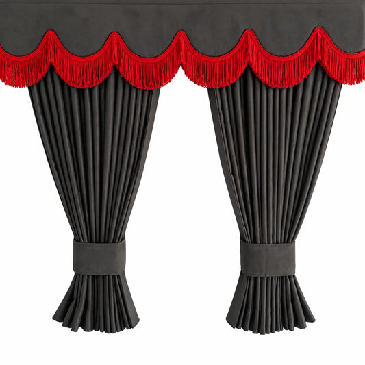 Dark Grey Truck Curtains With RED Tassels Set Premium Quality Double Lined Universal