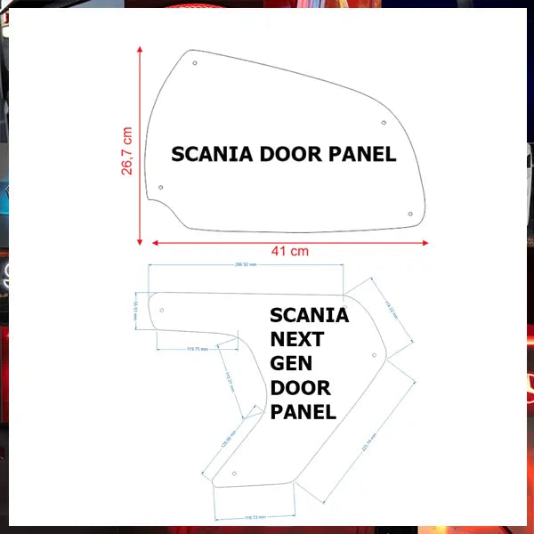 Outline drawings of Scania Led Interior Door Panels P-G-R-S Series, showing standard and Next Gen door panel dimensions with mounting-hole positions for custom truck lighting.