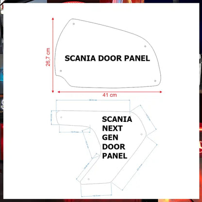 Outline drawings of Scania Led Interior Door Panels P-G-R-S Series, showing standard and Next Gen door panel dimensions with mounting-hole positions for custom truck lighting.