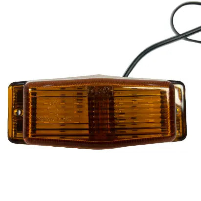 Amber-colored rectangular LED side-marker lamp with ribbed lens, dual-color option, 12 lead wires for 12 volt power. Model: DTS LED Double Burner.