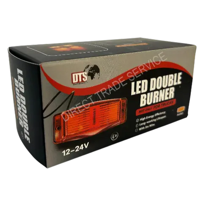DTS LED Double Burner - Compact packaging for dual-colour LED light assembly, 12-24V, featuring high-tech LEDs, 360° light distribution, and included 2m lead wire.