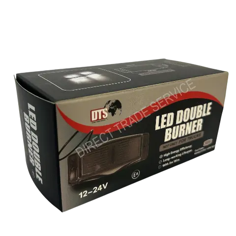 DTS LED Double Burner packaging featuring dual-color options, 12–24V operation, high-intensity LEDs, long lifespan, and suitability for vehicles or industrial use.