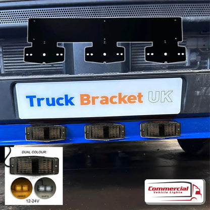 Double Burner Number Plate Mount with three LED marker lights on truck bumper, showcasing dual-color output and Truck Bracket UK plate, emphasizing durability and versatility.
