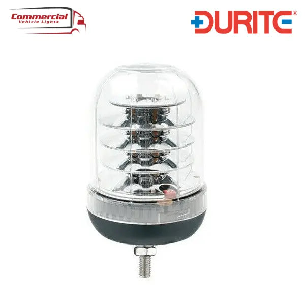 Durite Clear Lens R65 Approved LED Beacon Amber - Single Bolt, featuring a clear dome over LED stages, with a sturdy threaded stud base for vehicle mounting.