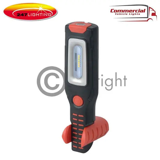 Handheld LED Inspection Lamp & Torch 247-EP069 with black and red rubberized housing, LED strip, push-button, and clip-on base, ideal for automotive maintenance.