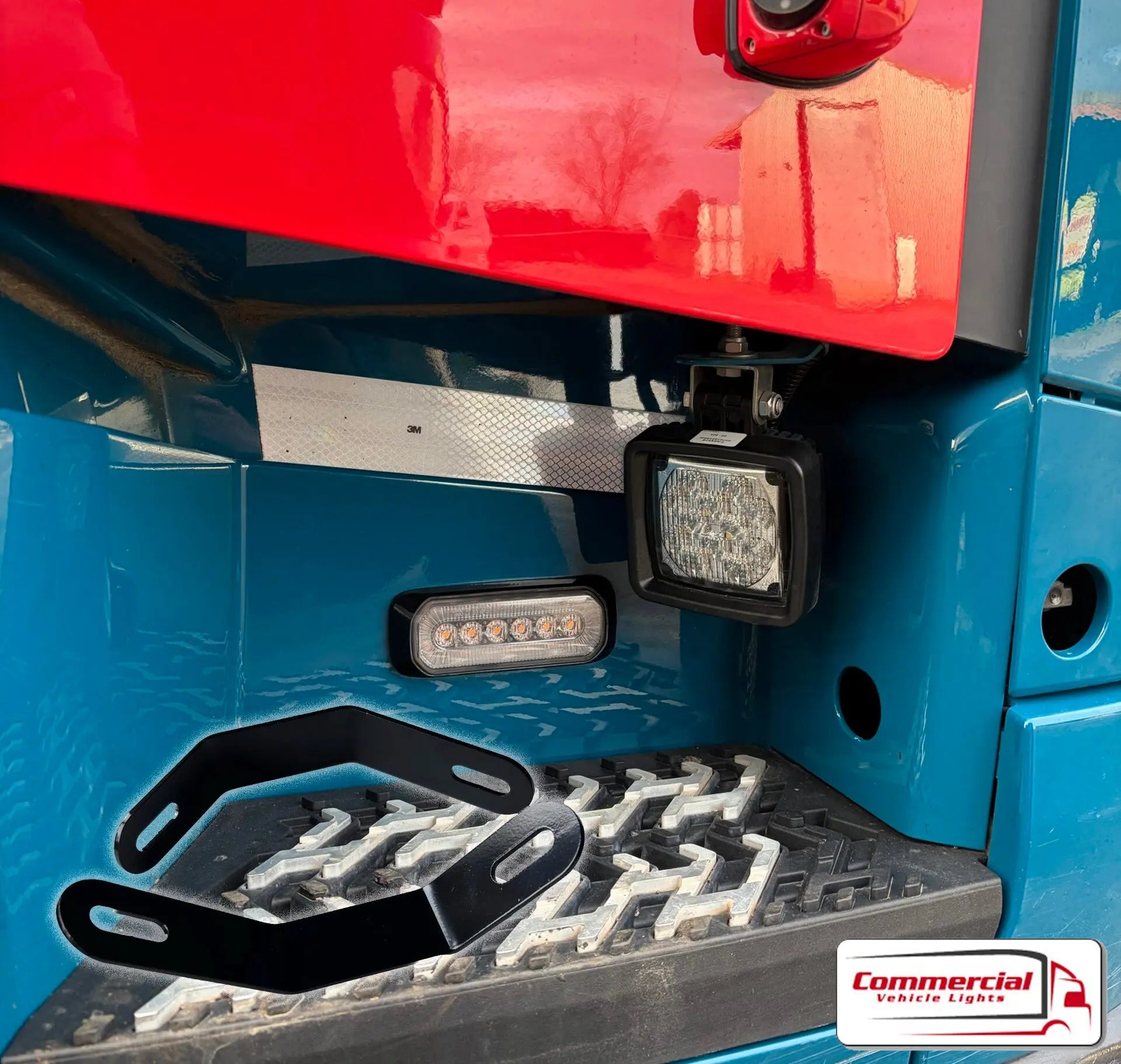 FH Step Work Light Mounts (Pair) visible on truck step with LED lights, reflective tape, and mounting bracket, designed for Volvo FH models, emphasizing durability and easy installation.