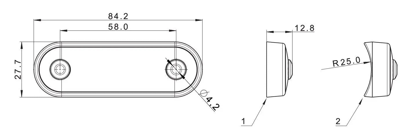 Fristom Long Marker Light FT-073 showing CAD drawing of obround plate with two screw holes, essential for mounting and spacing components.