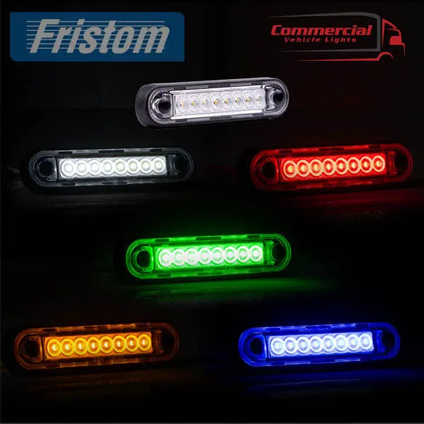 Fristom Long Marker Light FT-073, oval LED lamp module with 6-8 LEDs, mounting holes, shockproof polycarbonate, suitable for trucks/trailers, easy flat/curved fit.