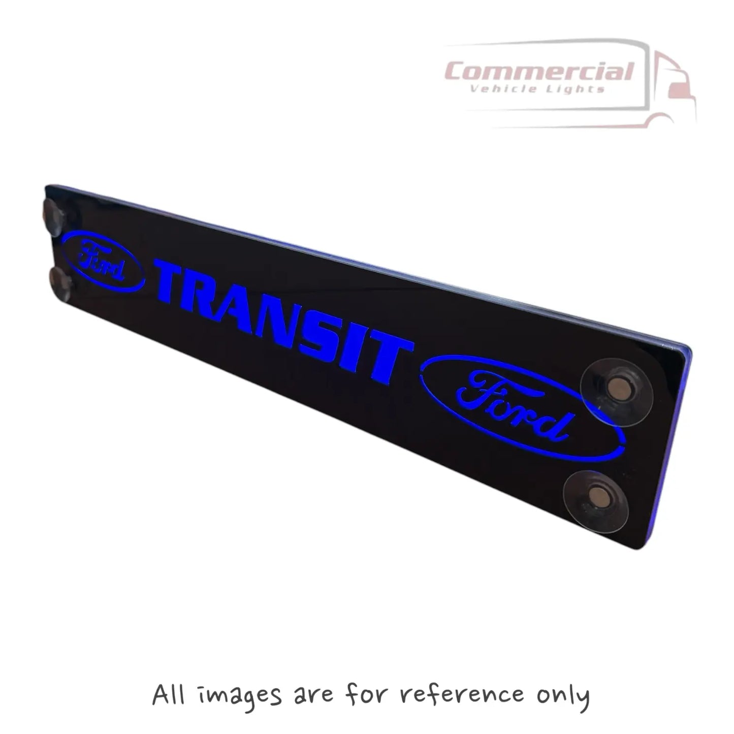 FORD TRANSIT LED Dash Table (2018-23) featuring a black acrylic sign with blue back-lit TRANSIT text, Ford logos, and four suction cups for windshield mounting.