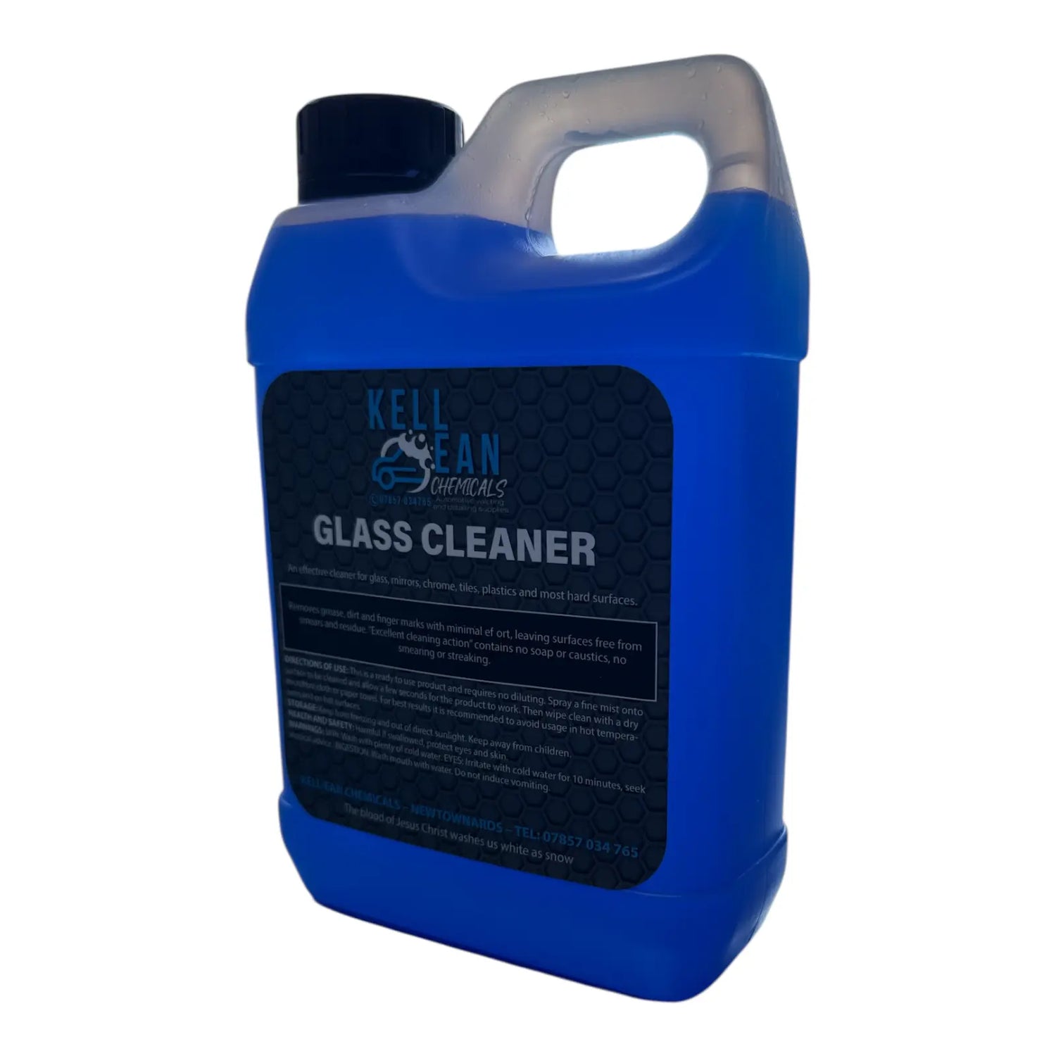 Large blue jug of Extra Strong GLASS CLEANER by KellClean Chemicals, designed for effortless cleaning of glass, mirrors, and hard surfaces without streaking.