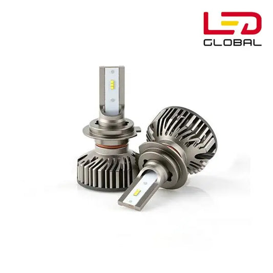 H11 LED Bulb Pair with Canbus, featuring aluminum heatsinks, cooling fins, and LED Global logo, indicating 200% brightness, fast heat conduction, off-road use.